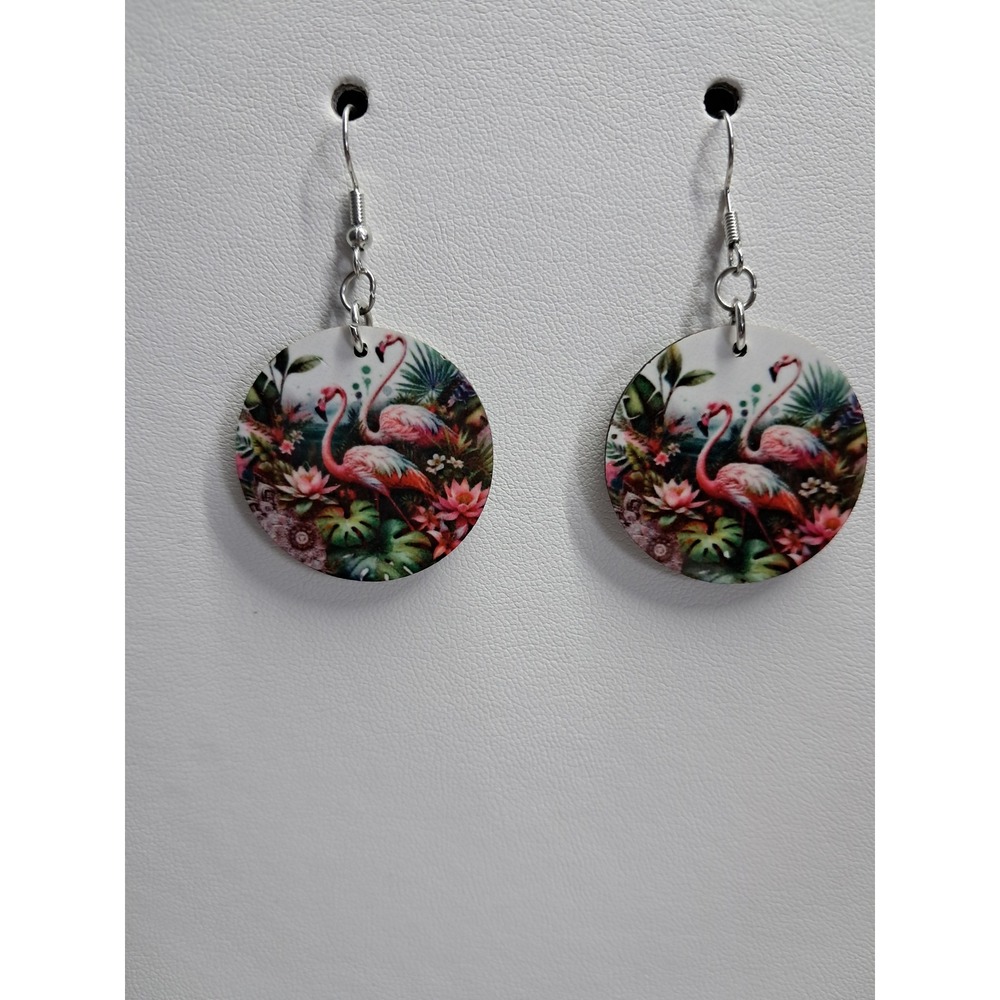 Tropical Flamingo Pink Jungle Floral Round Drop Dangle Earrings Silver Tone Hook